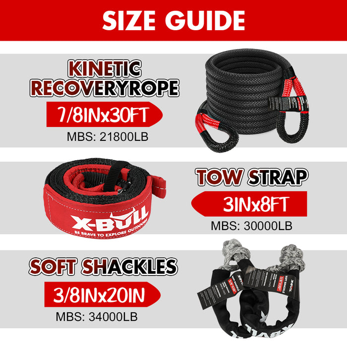 X-BULL Kinetic Recovery Rope kit Snatch Strap Soft Shackles Hitch receiver 4WD 4X4