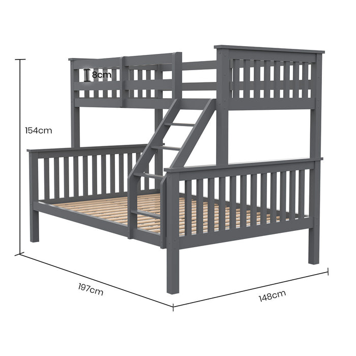 Kingston Slumber Bunk Bed Triple Wooden Single Over Double Beds for Kids, Solid Pine Wood, Convertible Design, Grey