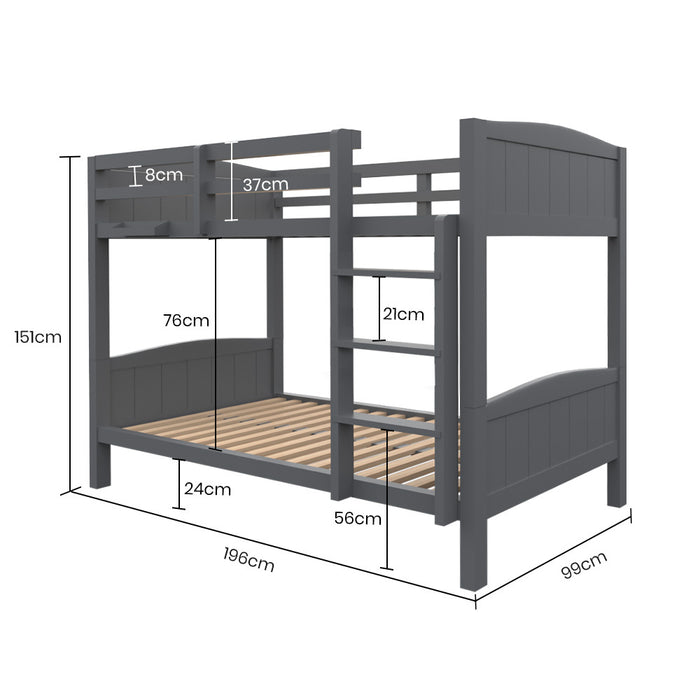 KINGSTON SLUMBER Single Bunk Bed Frame, Solid Pine 2-in-1 Modular Design Convert to 2 Single Beds, Grey