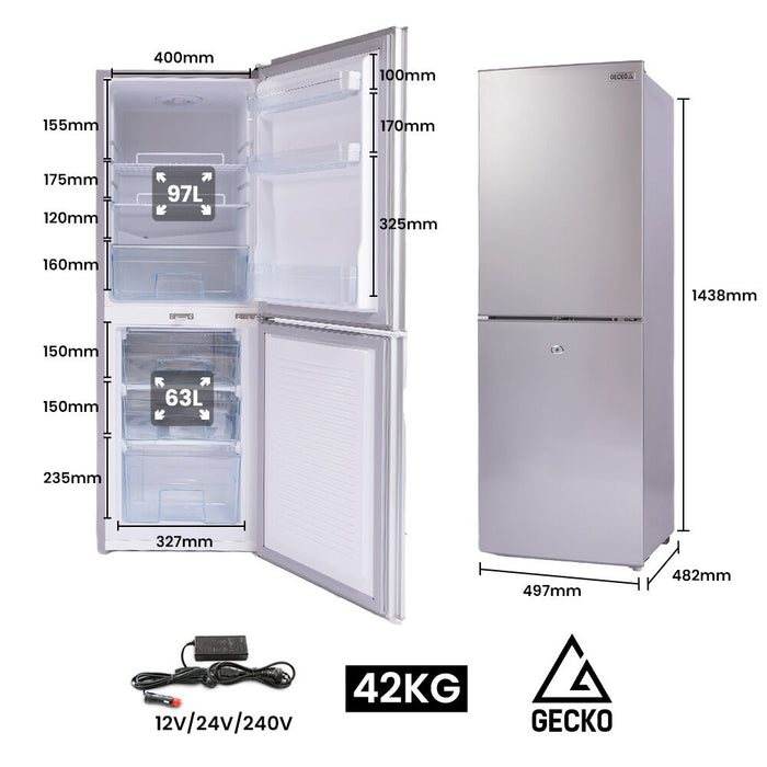 GECKO 160L Upright Portable Fridge / Freezer, 12V/24V/240V for Motorhome and Caravan, Silver