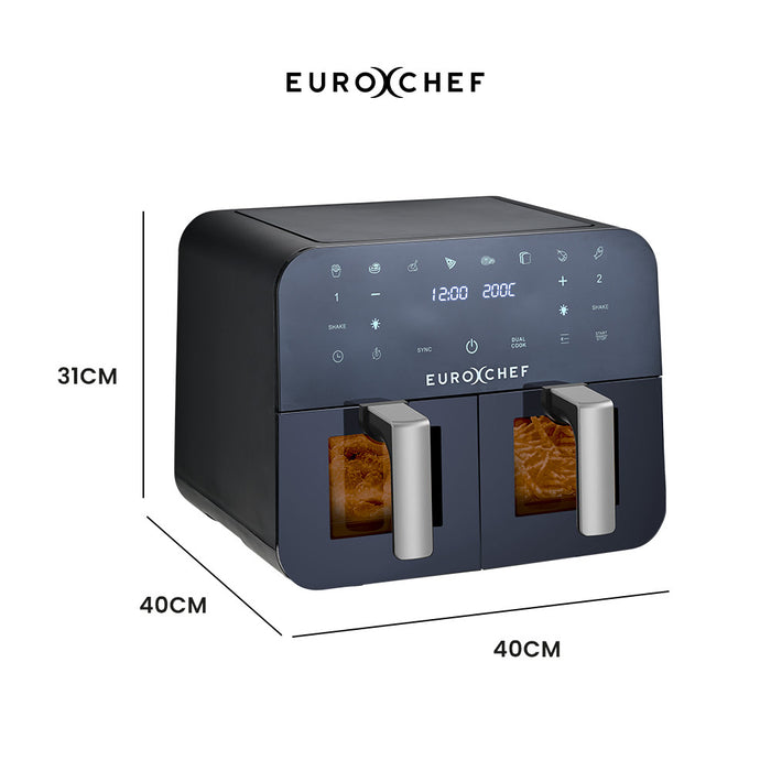 EuroChef 9L Dual Zone Air Fryer, Electric Digital Airfryer Twin Drawers, Black/Silver