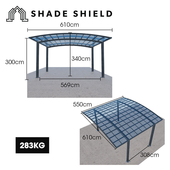 SHADE SHIELD Arched Double Carport 6.0m x 5.5m x 3.4m, Aluminium Alloy Frame, Polycarbonate Roof, Shelter for Car or Outdoor Living