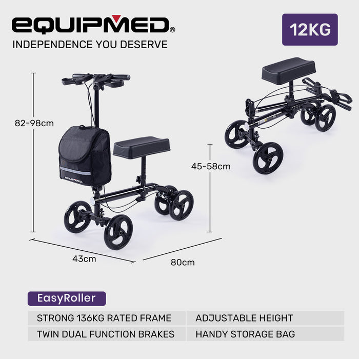 Equipmed Knee Scooter Walker, Dual Brakes - Bag - Broken Leg Ankle Foot Mobility - Crutches Alternative - Black