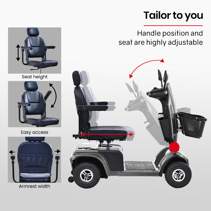 EQUIPMED Mobility Scooter, S-XXL comfortable size for all riders, 30km Max Range, 180kg capacity, Grey