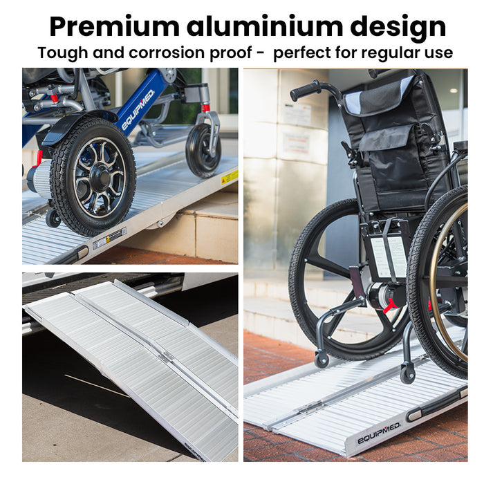 EQUIPMED 123cm Portable Folding Aluminium Access Ramp 272kg Rated, Silver, for Wheelchair, Mobility Scooter