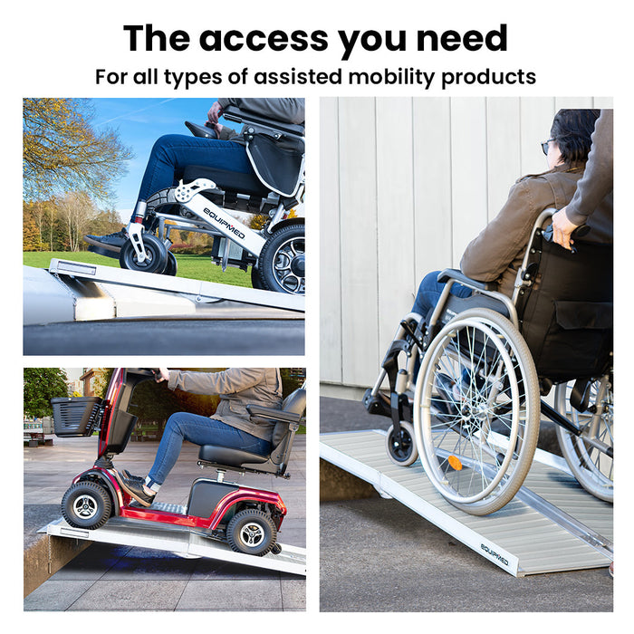 EQUIPMED 123cm Portable Folding Aluminium Access Ramp 272kg Rated, Silver, for Wheelchair, Mobility Scooter