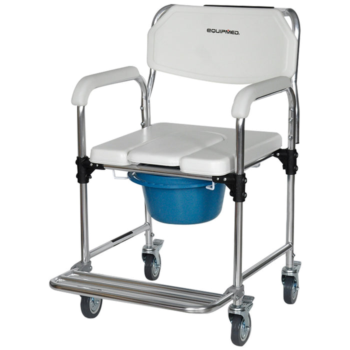 Equipmed Commode Shower Chair, Over Toilet or Bedside 136kg Capacity Aluminium frame with Wheels, White/Blue