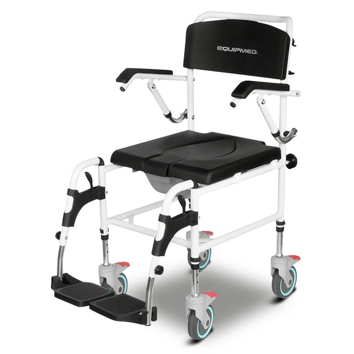 Equipmed Commode Shower Chair, Over Toilet or Bedside 136kg Capacity Aluminium frame with Wheels, Black