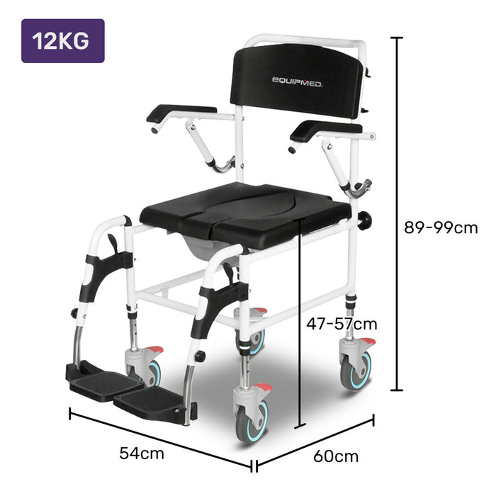 Equipmed Commode Shower Chair, Over Toilet or Bedside 136kg Capacity Aluminium frame with Wheels, Black