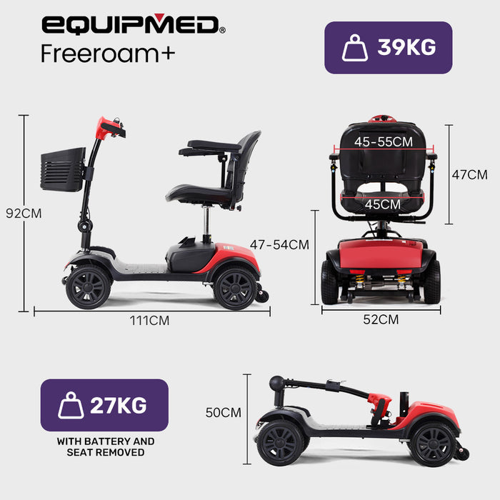 EQUIPMED FreeRoam+ Mid-Sized Lithium Fast Easy Charge Mobility Scooter, Red