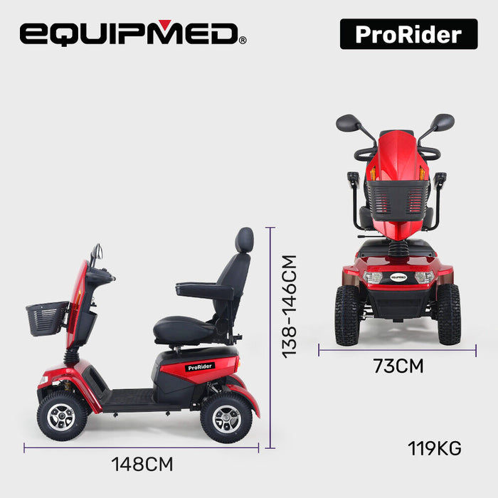 Equipmed ProRider Ultra Large-sized, High Power, Strong Climber, Varied Terrain, 200kg Capacity Mobility Scooter - Red