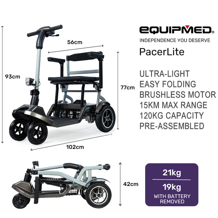 EQUIPMED Ultra-Lightweight Folding Electric Mobility Scooter, 19kg with Battery Removed, 120kg Capacity, Long Range, Brushless Motor, Portable