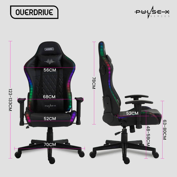 Overdrive Gaming Chair, with Bluetooth Speakers, RGB LED Lights, Reclining Game Armchair, Black