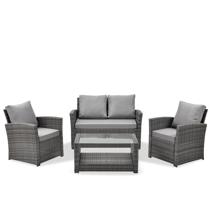 LONDON RATTAN 4 pc Outdoor Furniture Setting, 4 Seater, Lounge Sofa Chairs and Coffee Table, for Outdoors Garden Patio, Grey