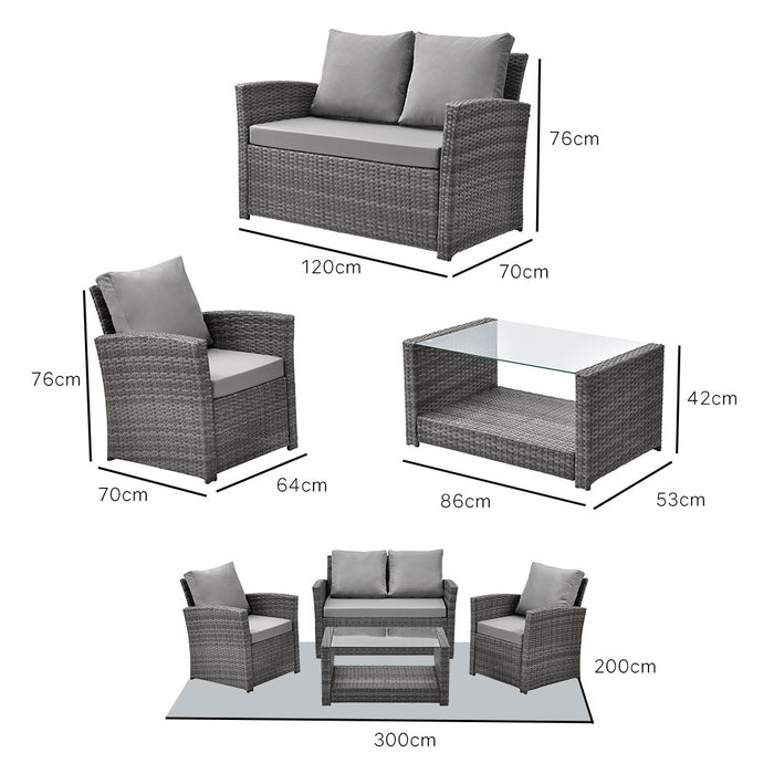 LONDON RATTAN 4 pc Outdoor Furniture Setting, 4 Seater, Lounge Sofa Chairs and Coffee Table, for Outdoors Garden Patio, Grey