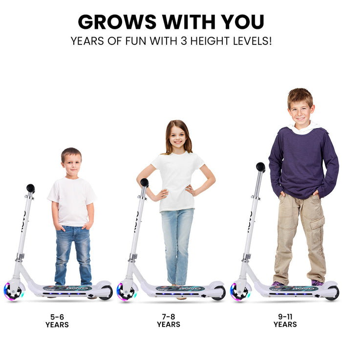 ROVO KIDS WhizKid Electric Scooter, Ages 5-11, Adjustable Height, Lithium Battery, Brushless Motor, White