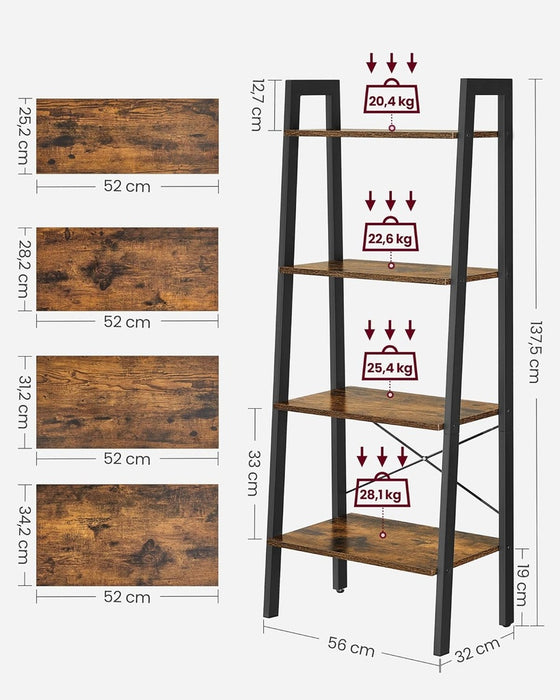 VASAGLE Ladder Shelf 4-Tier Industrial Storage Rack for Living Room Rustic Brown and Black