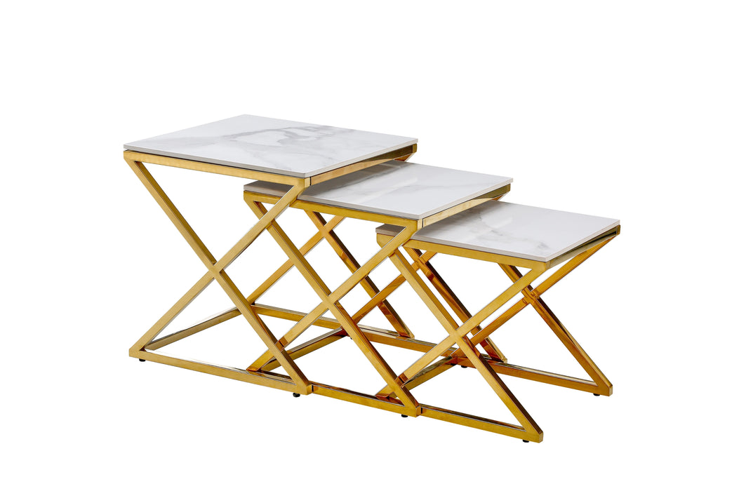 Bella Set of 3 Gold Side Table - White Marble