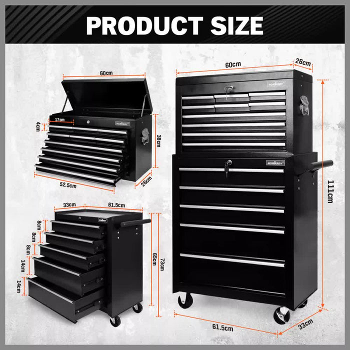 Black15 Drawer Tool Box Trolley Cabinet Storage Cart Garage Toolbox Organiser