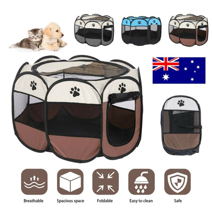 8 Panel Pet Dog Cat Crate Play Pen Bags Kennel Portable Tent Playpen Puppy Cage Large Brown