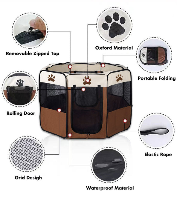 8 Panel Pet Dog Cat Crate Play Pen Bags Kennel Portable Tent Playpen Puppy Cage Medium Brown