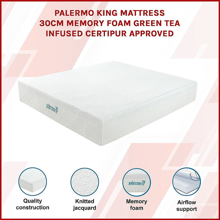 Palermo King Mattress 30cm Memory Foam Green Tea Infused CertiPUR Approved