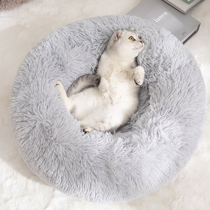 Calming Donut Pet Bed -Soft Faux Fur, Anti-Anxiety Fluffy Round Bed for Cats and Small Dogs (Light Gray)40cm