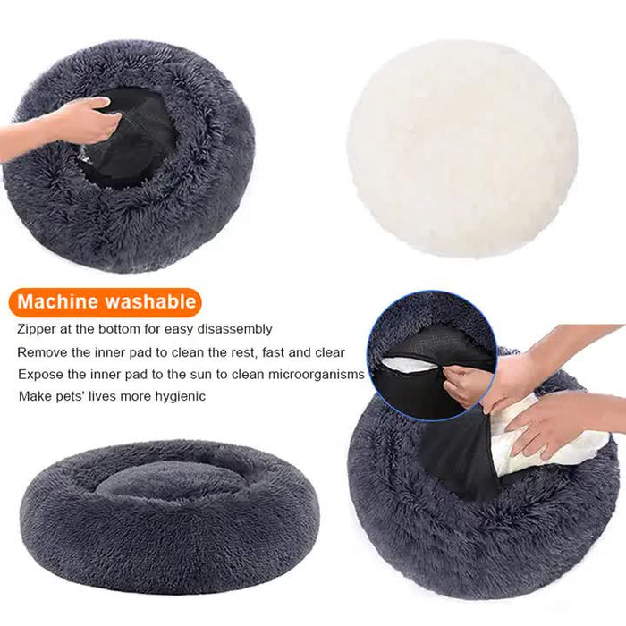 Calming Donut Pet Bed -Soft Faux Fur, Anti-Anxiety Fluffy Round Bed for Cats and Small Dogs (Apricot)40cm