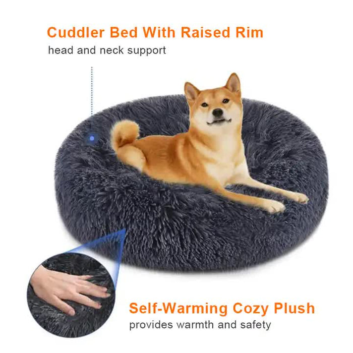 Calming Donut Pet Bed -Soft Faux Fur, Anti-Anxiety Fluffy Round Bed for Cats and Small Dogs (Coffee)50cm