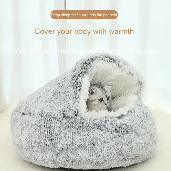 Cozy Gray Plush Hooded Pet Bed - Ultra Soft Long Fur Cave Bed for Small Pets 40cm