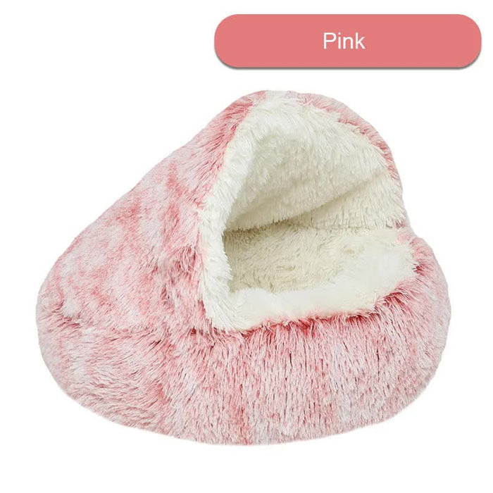 Cozy Pink Plush Hooded Pet Bed - Ultra Soft Long Fur Cave Bed for Small Pets 40cm