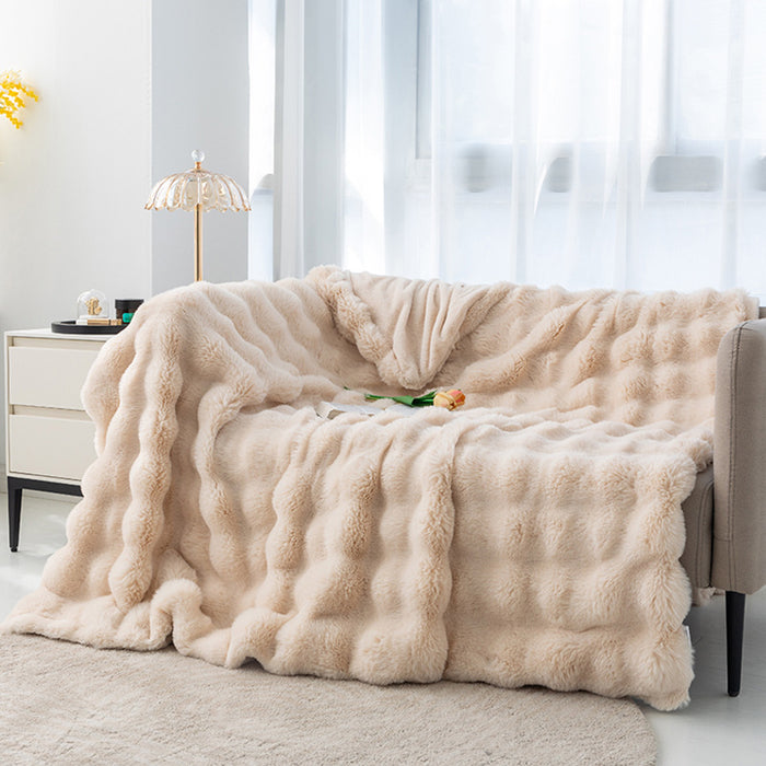 Apricot 70*100cm Plush Toscana Rabbit Hair Throw Blanket - Soft Flannel Fleece for All Seasons, Perfect for Couch & Bed