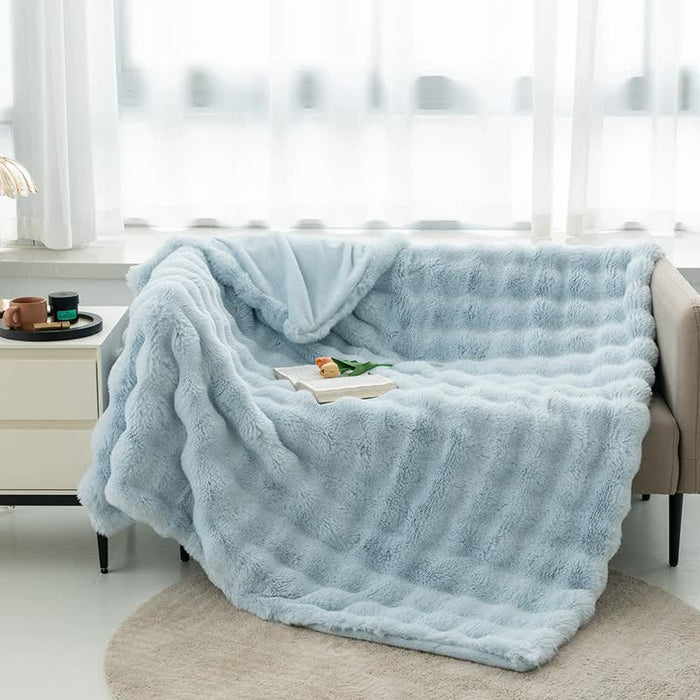 Light Blue 70*100cm Plush Toscana Rabbit Hair Throw Blanket - Soft Flannel Fleece for All Seasons, Perfect for Couch & Bed