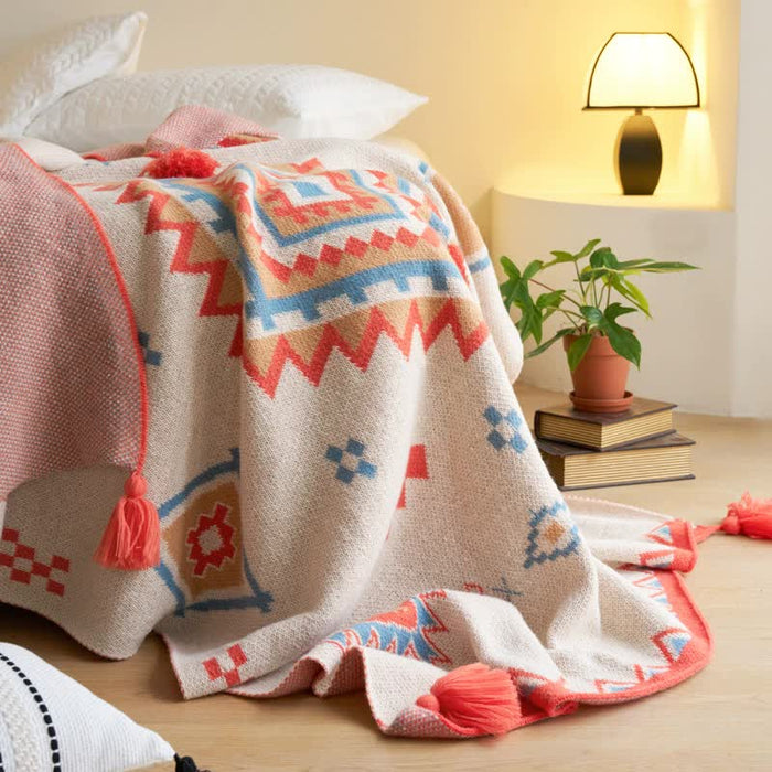 Orange Bohemian Geometric Tassel Throw Blanket - Soft Cotton Blend for Bedroom, Living Room, and Sofa 150x200cm