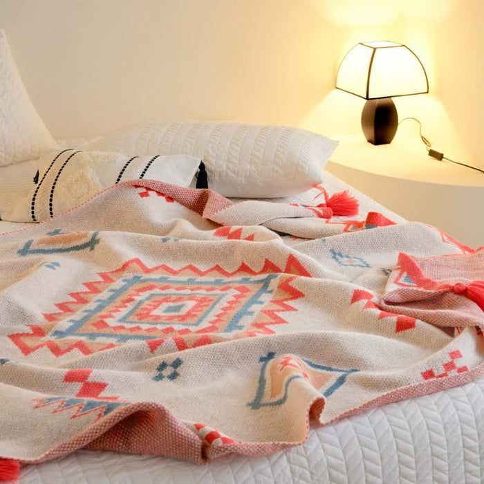 Orange Bohemian Geometric Tassel Throw Blanket - Soft Cotton Blend for Bedroom, Living Room, and Sofa 150x200cm