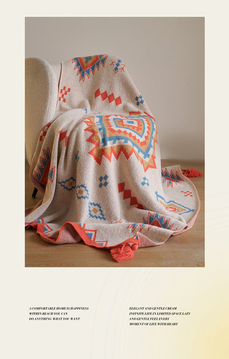 Orange Bohemian Geometric Tassel Throw Blanket - Soft Cotton Blend for Bedroom, Living Room, and Sofa 150x200cm