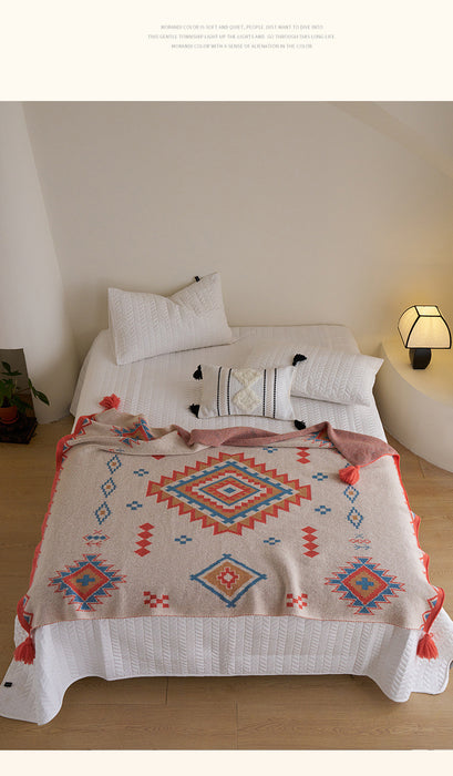 Orange Bohemian Geometric Tassel Throw Blanket - Soft Cotton Blend for Bedroom, Living Room, and Sofa 150x200cm