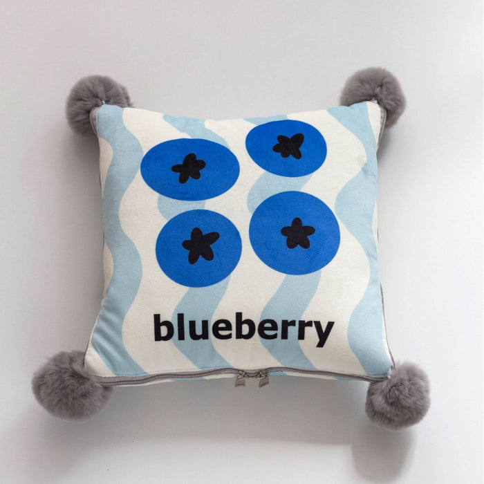 Blue Blueberry Pattern Premium Plush Throw Pillow Blanket Combo - Versatile Sofa Cushion for Home and Car Use, Ideal for Naps and Lounging