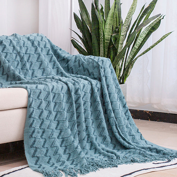 130*180CM Blue Modern Knitted Throw Blanket with Tassels - Soft & Lightweight for Sofa, Bed, and Office