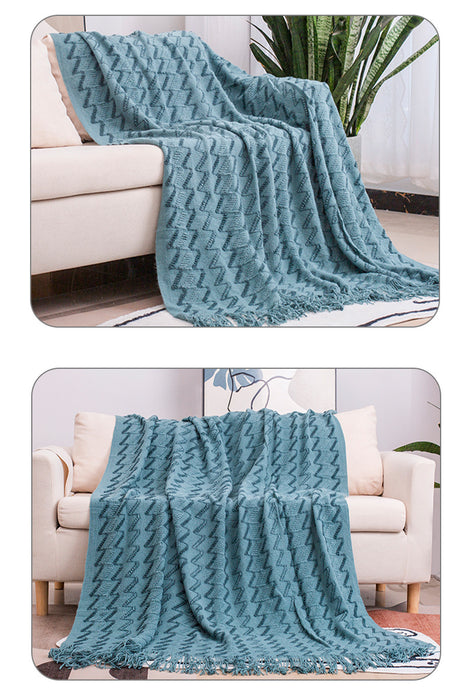 130*180CM Blue Modern Knitted Throw Blanket with Tassels - Soft & Lightweight for Sofa, Bed, and Office