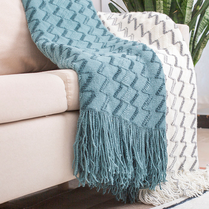 130*180CM Blue Modern Knitted Throw Blanket with Tassels - Soft & Lightweight for Sofa, Bed, and Office