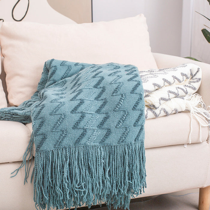 130*180CM Blue Modern Knitted Throw Blanket with Tassels - Soft & Lightweight for Sofa, Bed, and Office