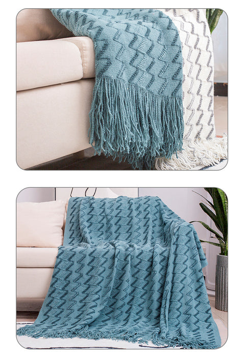 130*180CM Blue Modern Knitted Throw Blanket with Tassels - Soft & Lightweight for Sofa, Bed, and Office