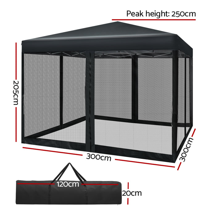 Instahut Gazebo Pop Up Marquee 3x3 Wedding Side Mesh Wall Outdoor Gazebos Black