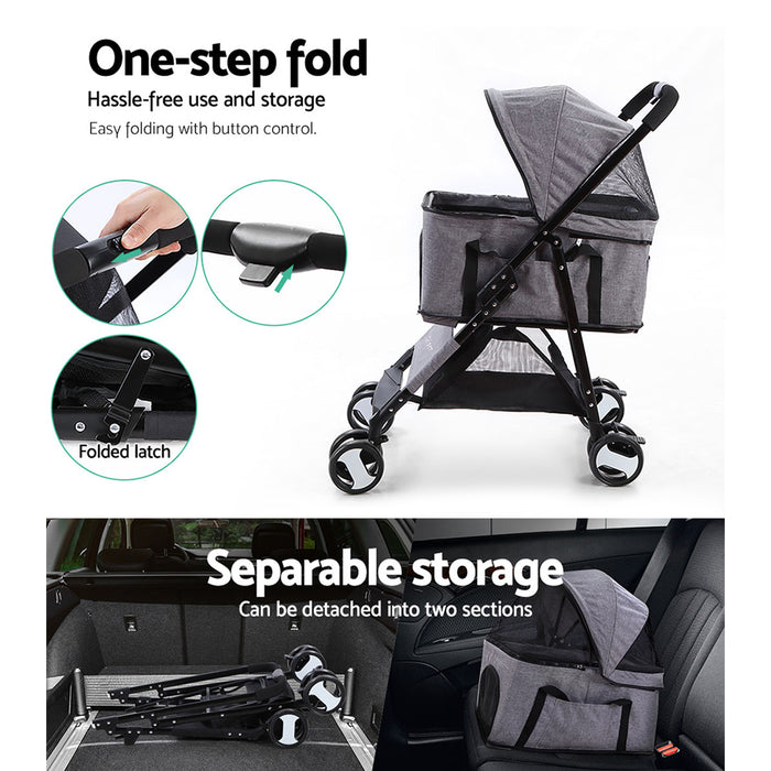 i.Pet Pet Stroller Dog Carrier Foldable Pram 3 IN 1 Middle Size Grey