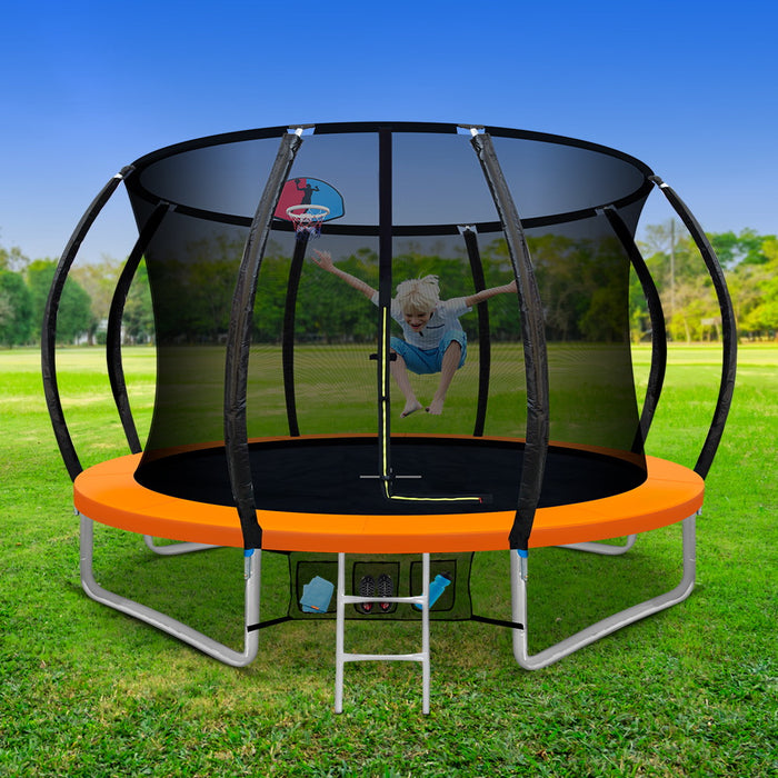 Everfit 10FT Trampoline Round Trampolines With Basketball Hoop Kids Present Gift Enclosure Safety Net Pad Outdoor Orange