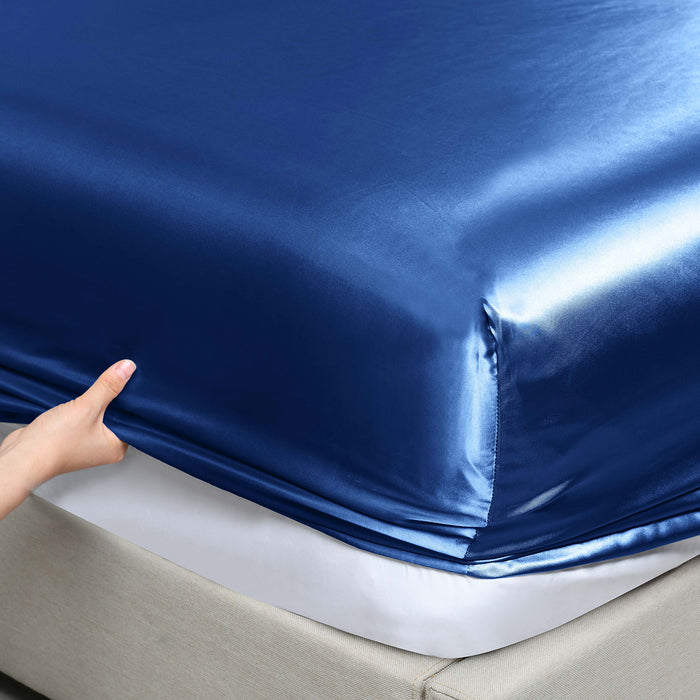 Royal Comfort Satin Sheet Set 4 Piece Fitted Flat Sheet Pillowcases  - King - Navy Blue