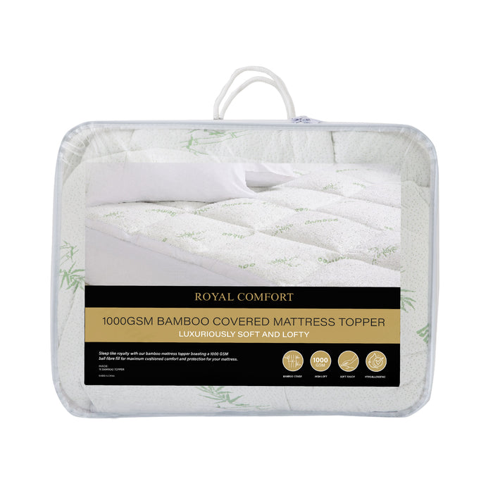 Royal Comfort 1000GSM Luxury Bamboo Covered Mattress Topper Ball Fibre Gusset - Single - White