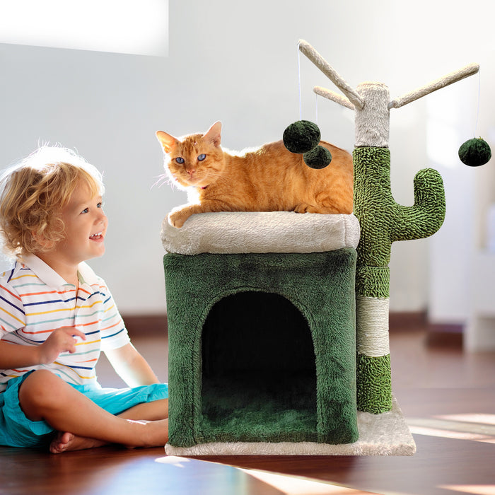 4Paws Cat Tree Scratching Post House Furniture Bed Cactus Play 70cm Green