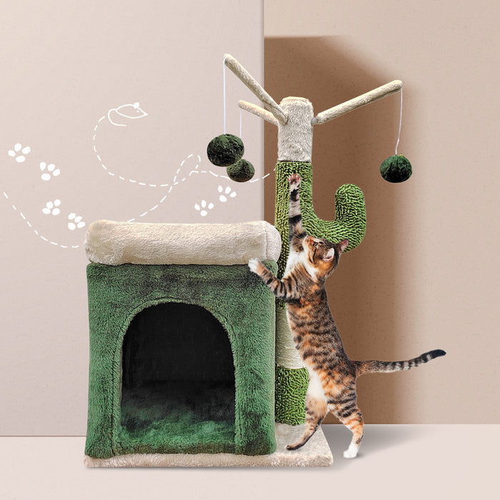 4Paws Cat Tree Scratching Post House Furniture Bed Cactus Play 70cm Green